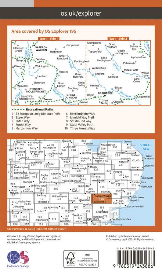 Carte de randonnée n° 195 - Braintree, Saffron Walden (Grande Bretagne) | Ordnance Survey - Explorer carte pliée Ordnance Survey Papier 