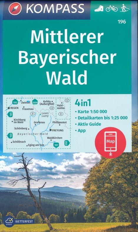 Carte de randonnée n° 196 - Bayerischer Wald Mittlerer + Activ Guide (Allemagne) | Kompass carte pliée Kompass 