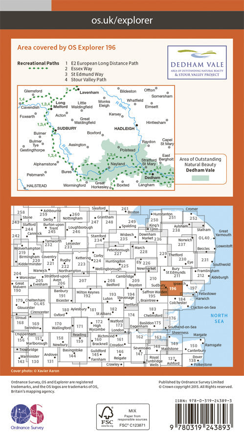 Carte de randonnée n° 196 - Sudbury, Hadleigh, Dedham Vale (Grande Bretagne) | Ordnance Survey - Explorer carte pliée Ordnance Survey Papier 