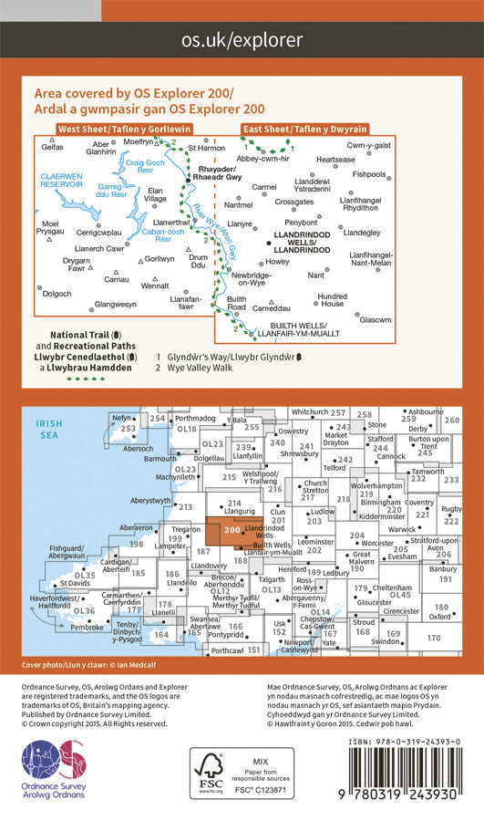 Carte de randonnée n° 200 - Llandrindod Wells, Elan Valley (Grande Bretagne) | Ordnance Survey - Explorer carte pliée Ordnance Survey Papier 