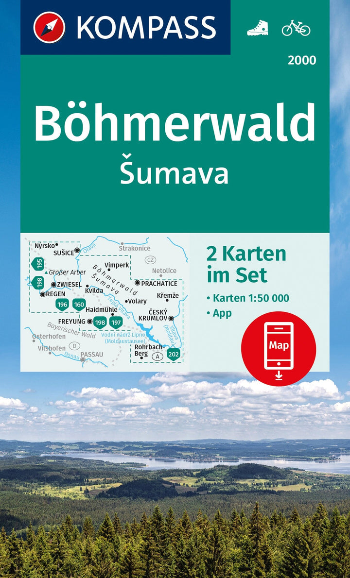Carte de randonnée n° 2000 - Forêt de Bohême, Böhmerwald /Sumava (Allemagne, Autriche, République Tchèque) | Kompass carte pliée Kompass 