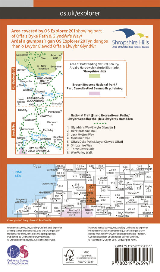 Carte de randonnée n° 201 - Knighton, Presteigne (Grande Bretagne) | Ordnance Survey - Explorer carte pliée Ordnance Survey Papier 