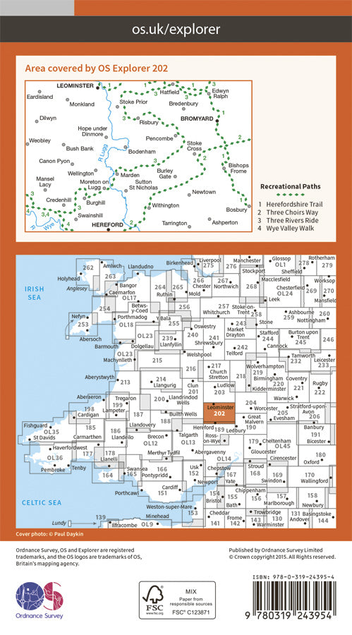Carte de randonnée n° 202 - Leominster, Bromyard (Grande Bretagne) | Ordnance Survey - Explorer carte pliée Ordnance Survey Papier 