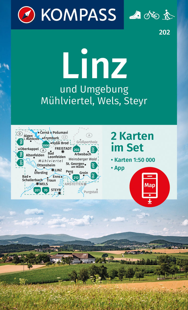 Carte de randonnée n° 202 - Linz & environs, Mühlvierte (Haute-Autriche) | Kompass carte pliée Kompass 
