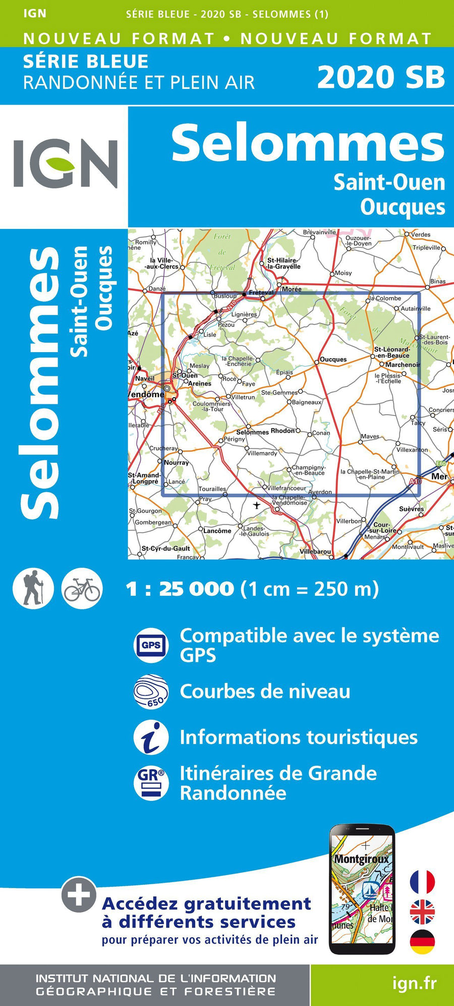 Carte de randonnée n° 2020 - Selommes, St-Ouen, Oucques | IGN - Série Bleue carte pliée IGN 