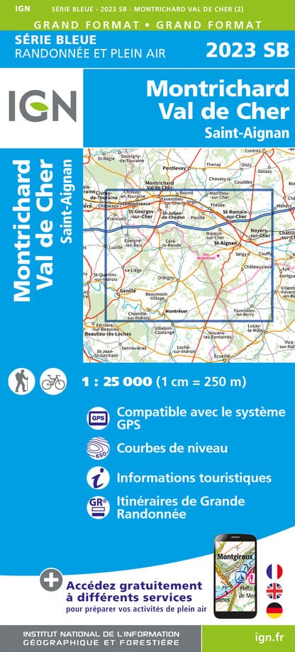Carte de randonnée n° 2023 - Montrichard, Val de Cher, Saint-Aignan | IGN - Série Bleue carte pliée IGN 