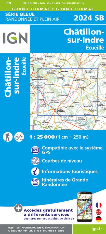 Carte de randonnée n° 2024 - Châtillon-sur-Indre - Ecueillé | IGN - Série Bleue carte pliée IGN 