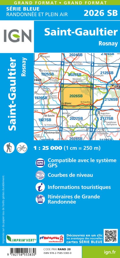 Carte de randonnée n° 2026 - Saint-Gaultier, Rosnay | IGN - Série Bleue carte pliée IGN 