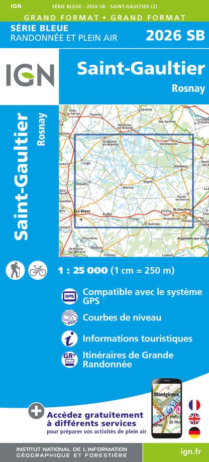 Carte de randonnée n° 2026 - Saint-Gaultier, Rosnay | IGN - Série Bleue carte pliée IGN 