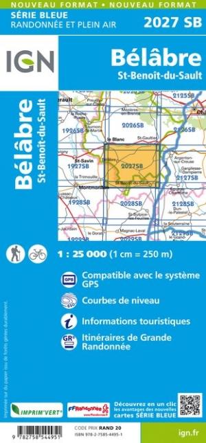 Carte de randonnée n° 2027 - Bélâbre, Saint-Benoît-du-Sault | IGN - Série Bleue carte pliée IGN 
