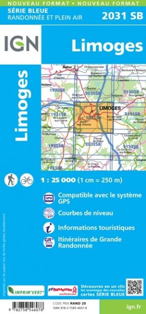 Carte de randonnée n° 2031 - Limoges | IGN - Série Bleue carte pliée IGN 