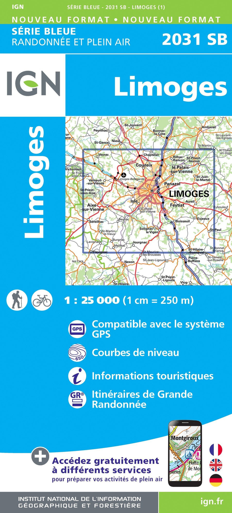 Carte de randonnée n° 2031 - Limoges | IGN - Série Bleue carte pliée IGN 