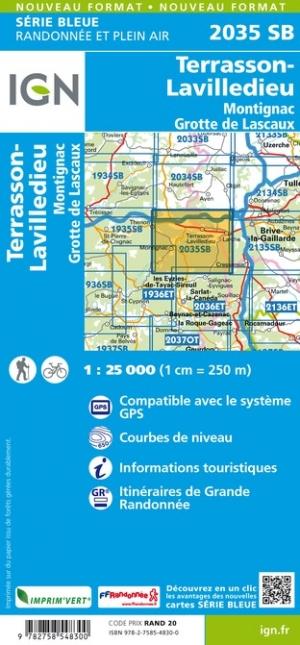 Carte de randonnée n° 2035 - Terrasson-Lavilledieu, Montignac, Grotte de Lascaux | IGN - Série Bleue carte pliée IGN 