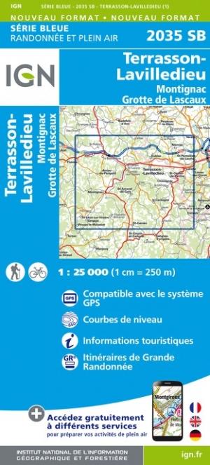 Carte de randonnée n° 2035 - Terrasson-Lavilledieu, Montignac, Grotte de Lascaux | IGN - Série Bleue carte pliée IGN 