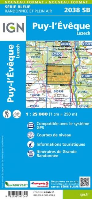 Carte de randonnée n° 2038 - Puy l'Evêque, Luzech | IGN - Série Bleue carte pliée IGN 