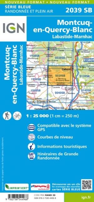 Carte de randonnée n° 2039 - Montcuq-en- Quercy-Blanc, Labastide-Marnhac | IGN - Série Bleue carte pliée IGN 
