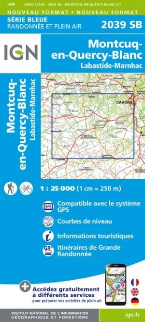 Carte de randonnée n° 2039 - Montcuq-en- Quercy-Blanc, Labastide-Marnhac | IGN - Série Bleue carte pliée IGN 