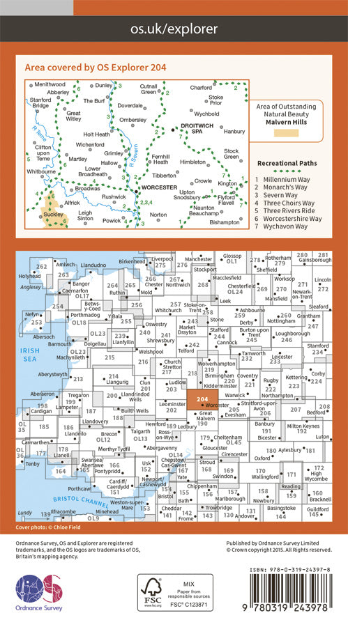 Carte de randonnée n° 204 - Worcester, Droitwich Spa (Grande Bretagne) | Ordnance Survey - Explorer carte pliée Ordnance Survey Papier 