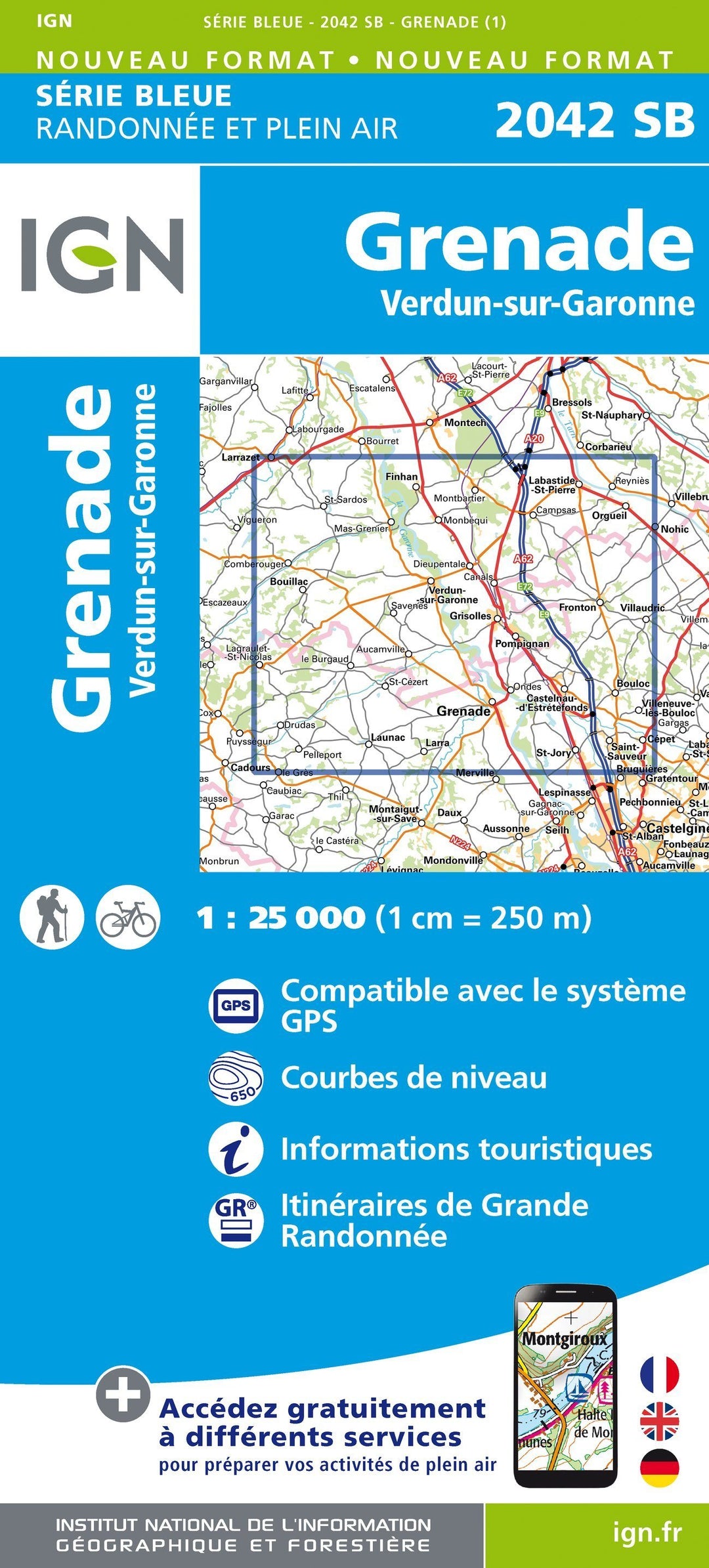 Carte de randonnée n° 2042 - Grenade, Verdun-sur-Garonne (Haute-Garonne) | IGN - Série Bleue carte pliée IGN 