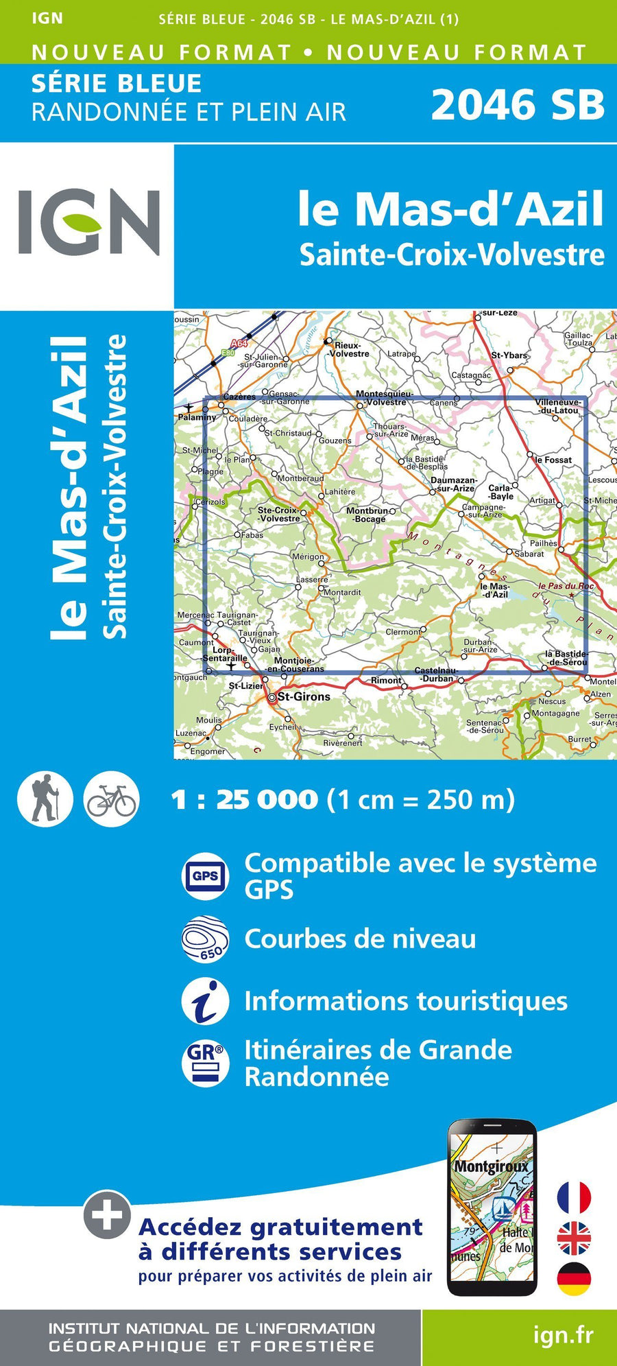Carte de randonnée n° 2046 - Le Mas-d'Azil, Ste-Croix-Volvestre | IGN - Série Bleue carte pliée IGN 