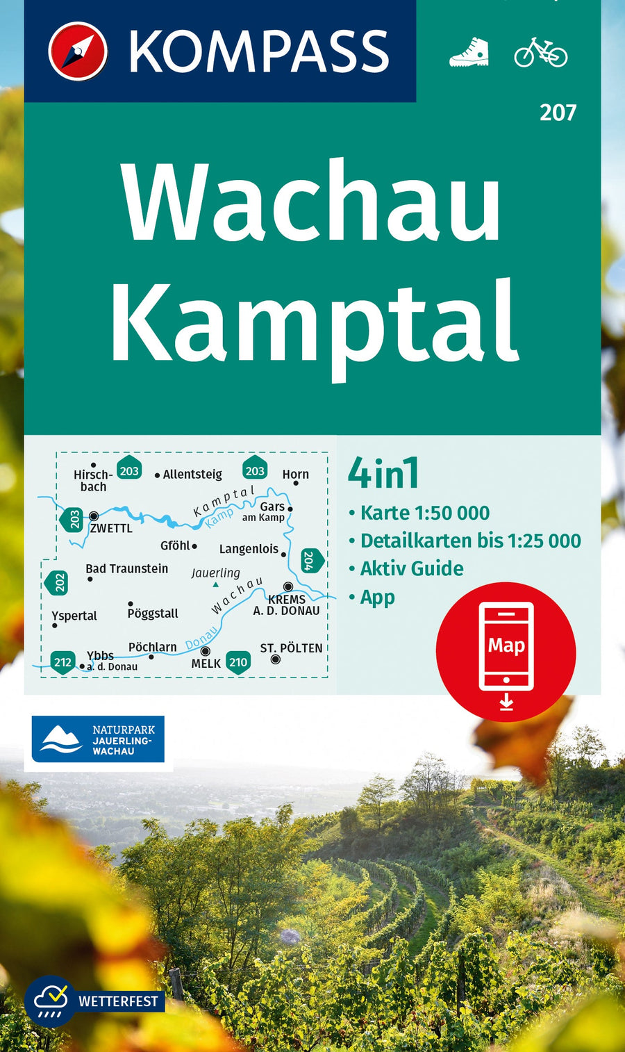 Carte de randonnée n° 207 - Wachau, Kamptal (Autriche) | Kompass carte pliée Kompass 