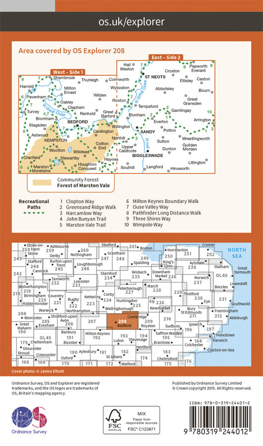 Carte de randonnée n° 208 - Bedford, St Neots (Grande Bretagne) | Ordnance Survey - Explorer carte pliée Ordnance Survey Papier 