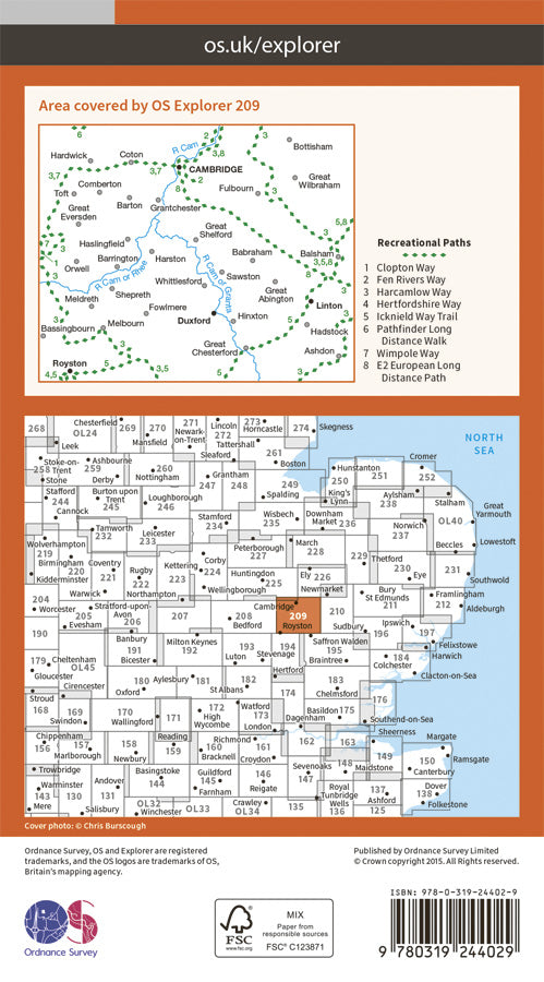Carte de randonnée n° 209 - Cambridge (greenw.m) (Grande Bretagne) | Ordnance Survey - Explorer carte pliée Ordnance Survey Papier 