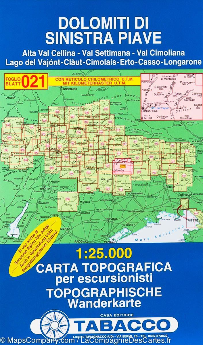 Carte de randonnée n° 21 - Vallées Cellina, Settimana et Cimoliana | Tabacco carte pliée Tabacco 