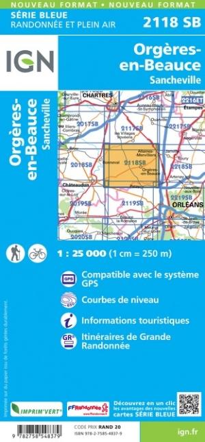 Carte de randonnée n° 2118 - Orgères-en-Beauce, Sancheville | IGN - Série Bleue carte pliée IGN 