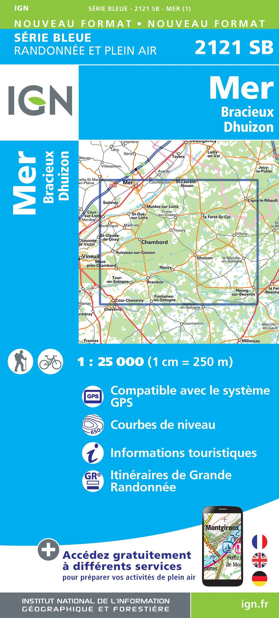 Carte de randonnée n° 2121 - Mer, Bracieux, Dhuizon | IGN - Série Bleue carte pliée IGN 