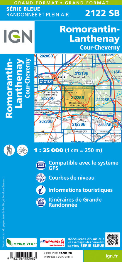 Carte de randonnée n° 2122 - Romorantin, Lanthenay, Cour-Cheverny | IGN - Série Bleue carte pliée IGN 