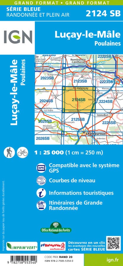 Carte de randonnée n° 2124 - Luçay-le-Mâle, Poulaines | IGN - Série Bleue carte pliée IGN 
