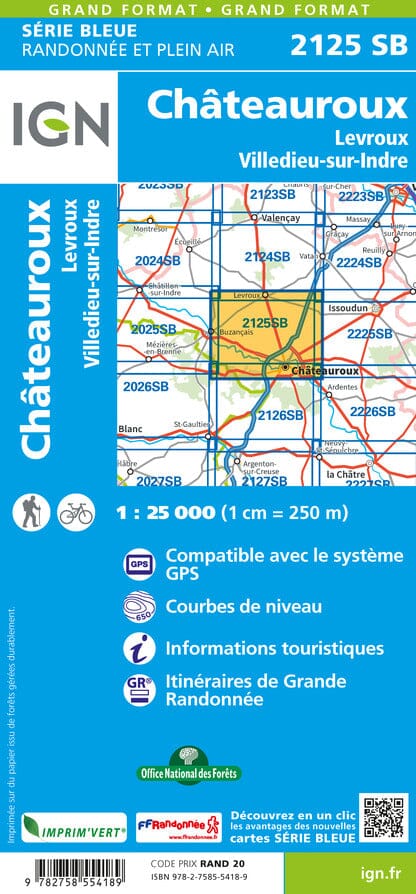 Carte de randonnée n° 2125 - Châteauroux, Levroux, Villedieu-sur-Indre | IGN - Série Bleue carte pliée IGN 