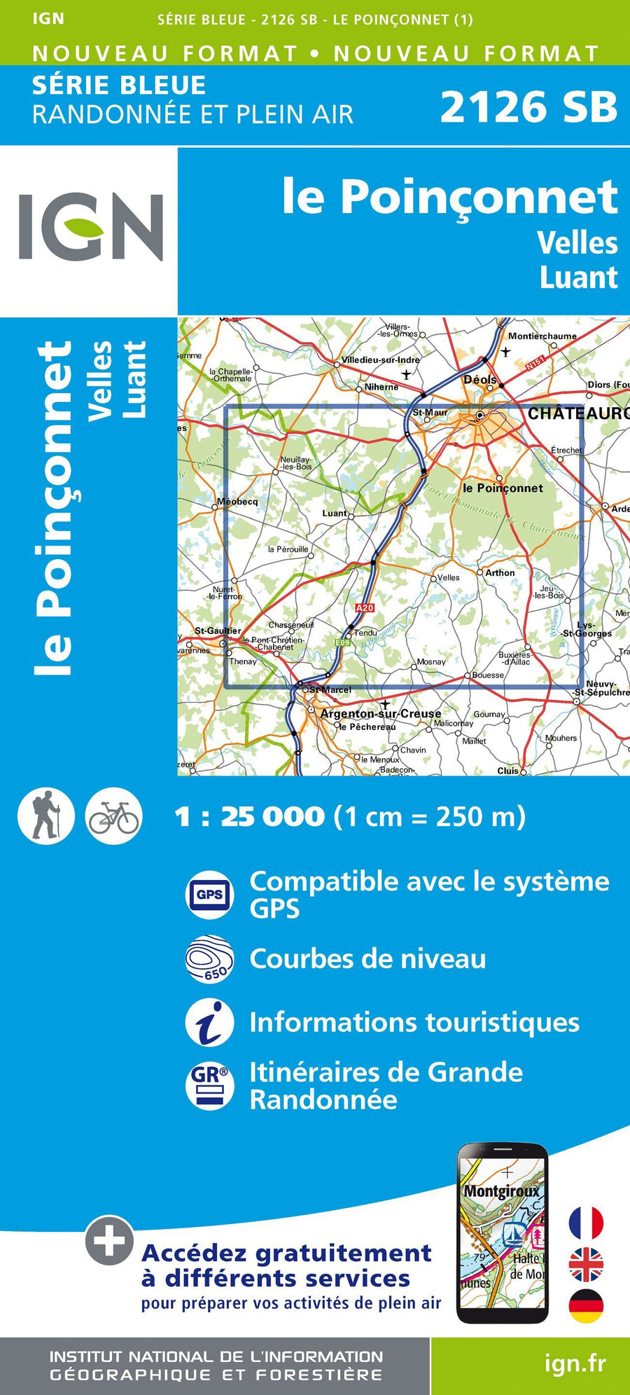 Carte de randonnée n° 2126 - Le Poinçonnet, Velles, Luant | IGN - Série Bleue carte pliée IGN 