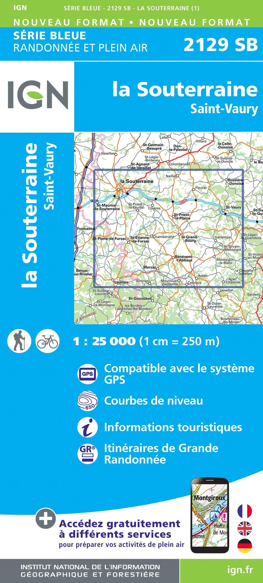 Carte de randonnée n° 2129 - La Souterraine, Saint-Vaur | IGN - Série Bleue carte pliée IGN 