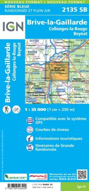 Carte de randonnée n° 2135 - Brive-La-Gaillarde, Collonges-La-Rouge, Beynat | IGN - Série Bleue carte pliée IGN 