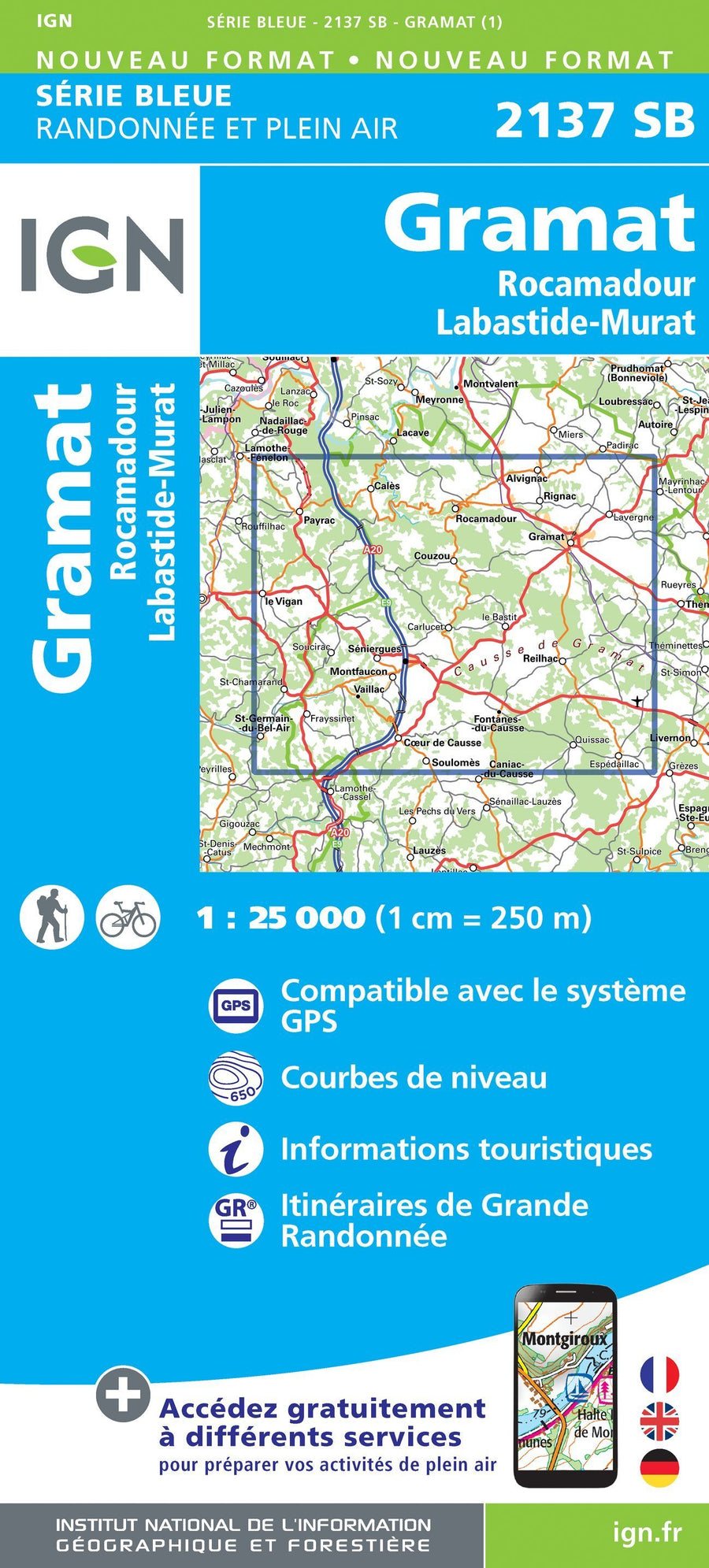 Carte de randonnée n° 2137 - Gramat, Rocamadour, Labastide-Murat | IGN - Série Bleue carte pliée IGN 