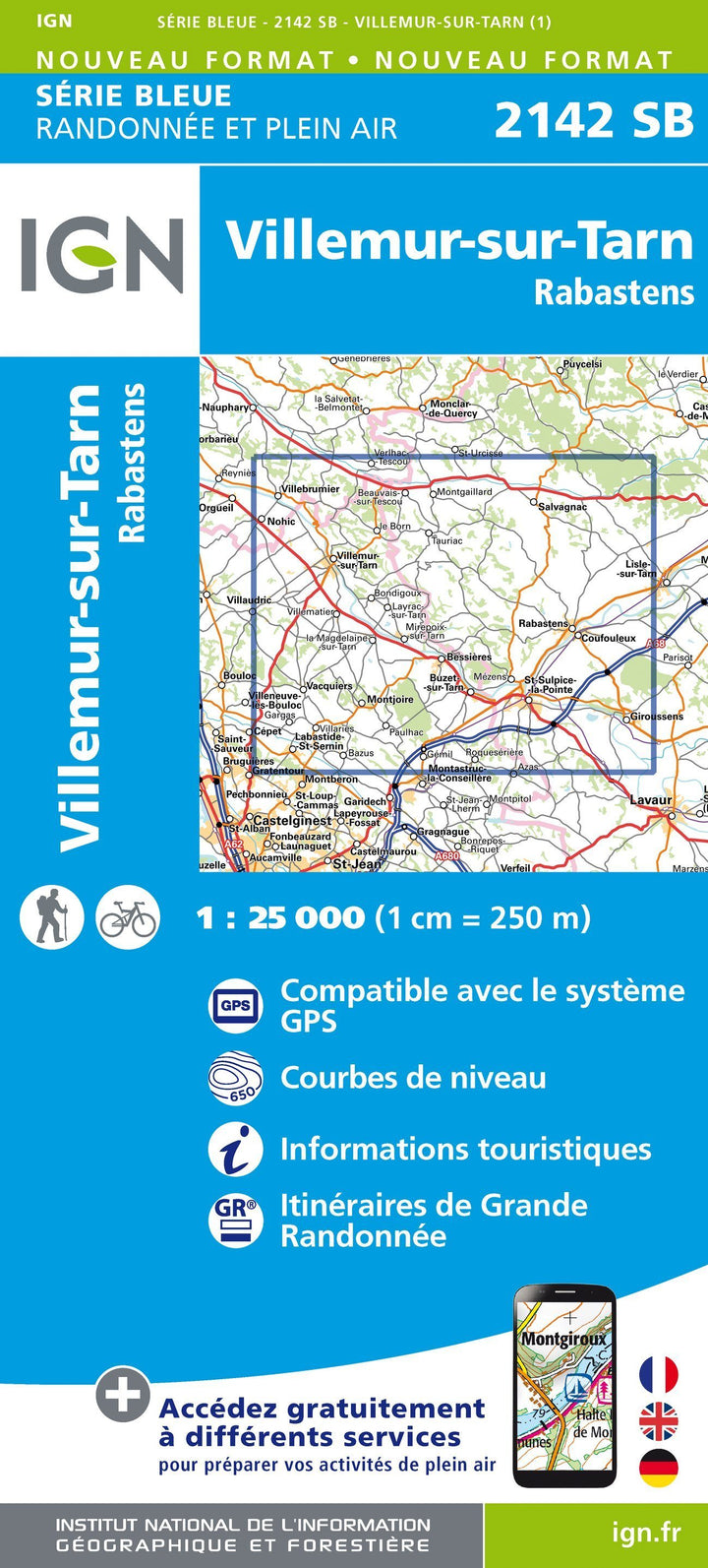 Carte de randonnée n° 2142 - Villemur-sur-Tarn, Rabastens | IGN - Série Bleue carte pliée IGN 