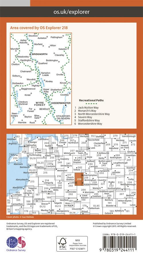 Carte de randonnée n° 218 - Kidderminster, Wyre Forest (Grande Bretagne) | Ordnance Survey - Explorer carte pliée Ordnance Survey Papier 
