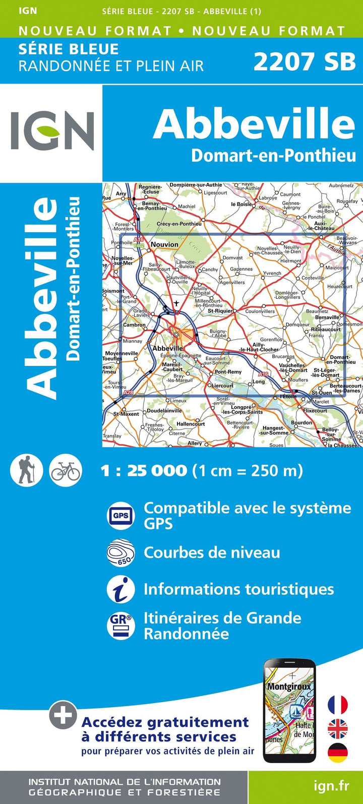 Carte de randonnée n° 2207 - Abbeville, Domart-en-Ponthieu | IGN - Série Bleue carte pliée IGN 
