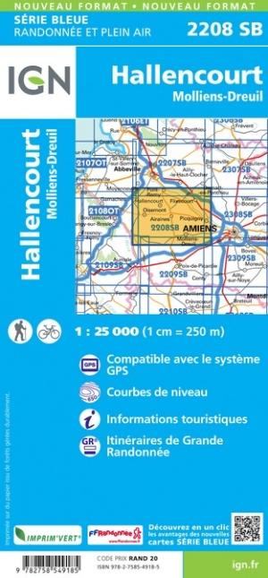 Carte de randonnée n° 2208 - Hallencourt, Molliens-Dreuil | IGN - Série Bleue carte pliée IGN 