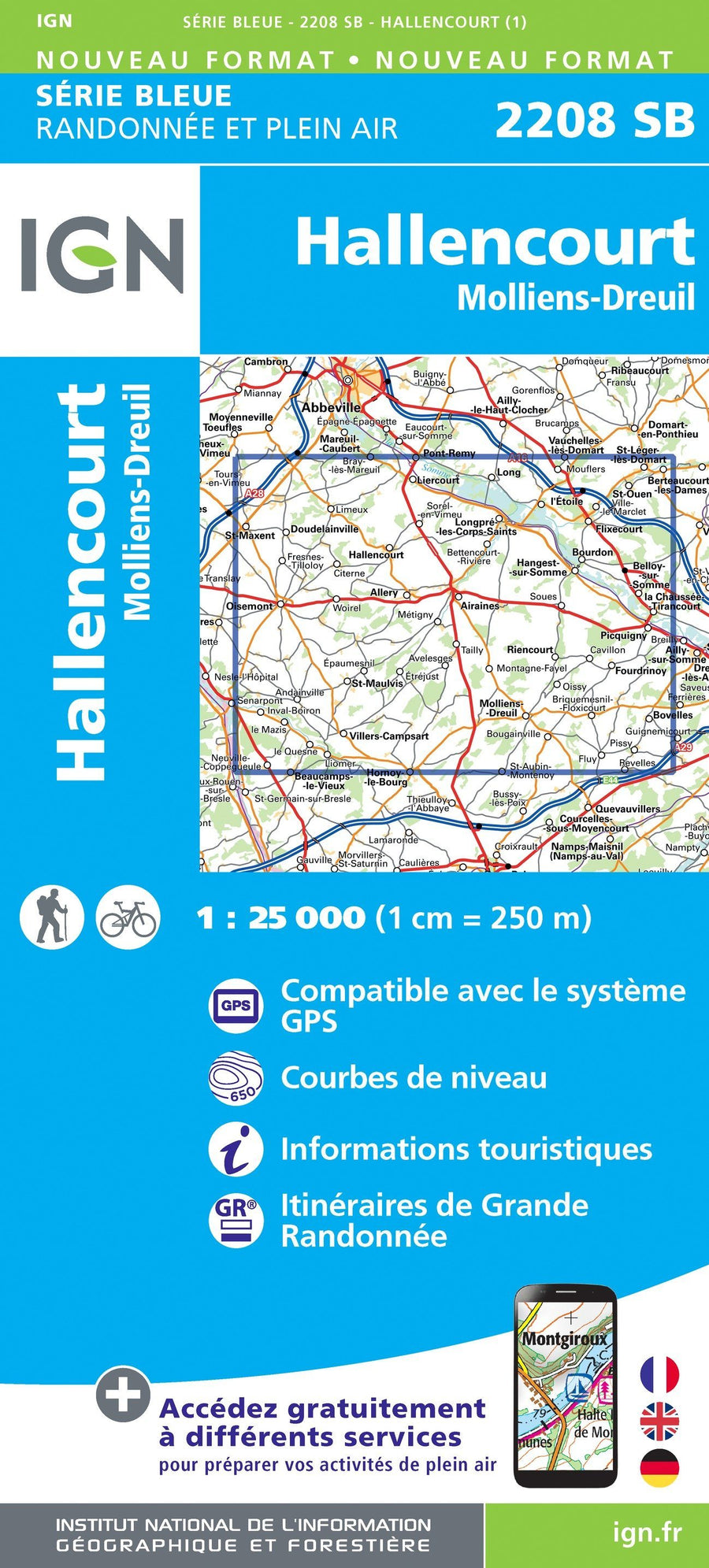 Carte de randonnée n° 2208 - Hallencourt, Molliens-Dreuil | IGN - Série Bleue carte pliée IGN 