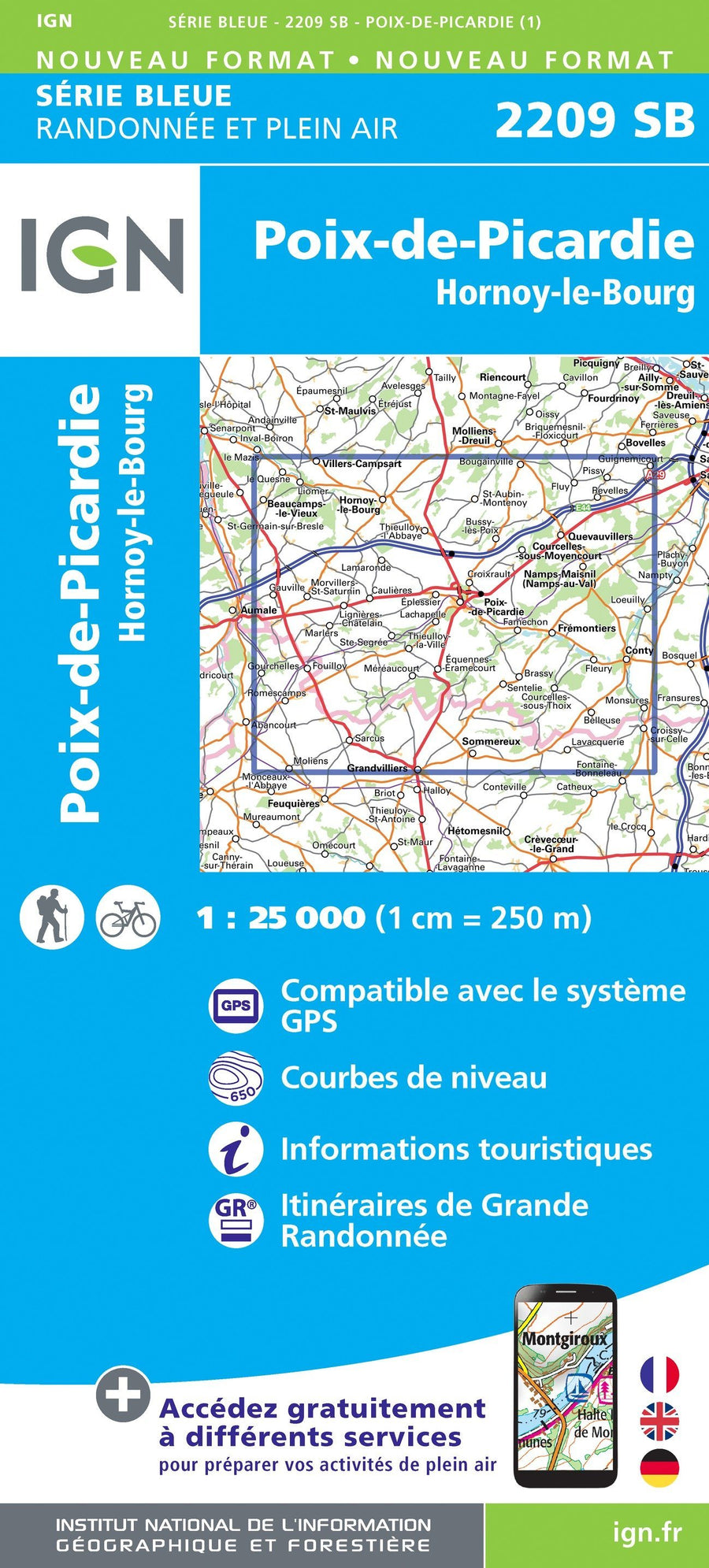 Carte de randonnée n° 2209 - Poix-de-Picardie, Hornoy-le-Bourg | IGN - Série Bleue carte pliée IGN 