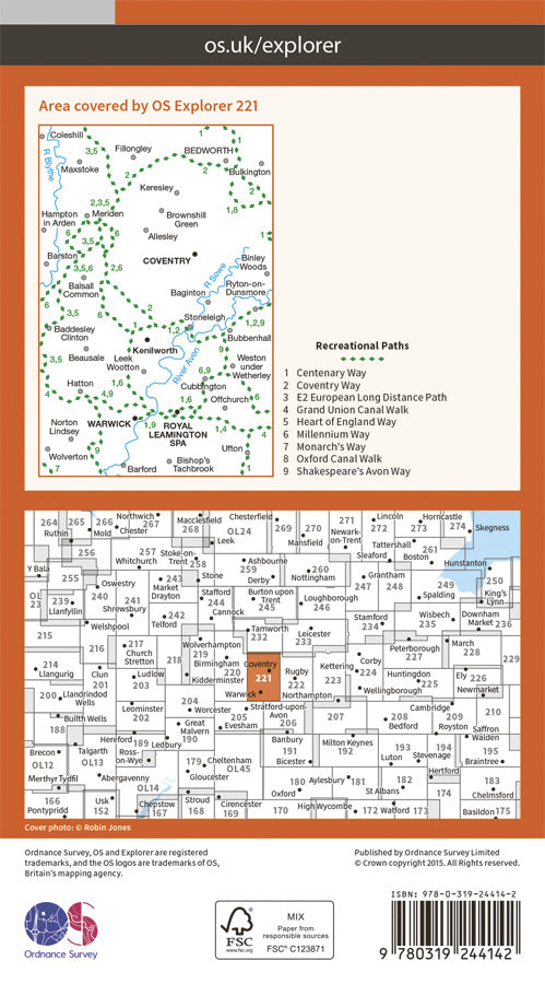 Carte de randonnée n° 221 - Coventry, Warwick (Grande Bretagne) | Ordnance Survey - Explorer carte pliée Ordnance Survey Papier 