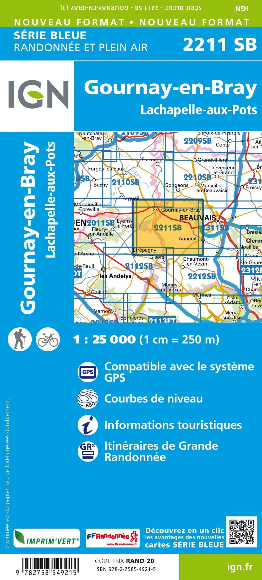 Carte de randonnée n° 2211 - Gournay-en-Bray, Lachapelle-aux-Pots | IGN - Série Bleue carte pliée IGN 