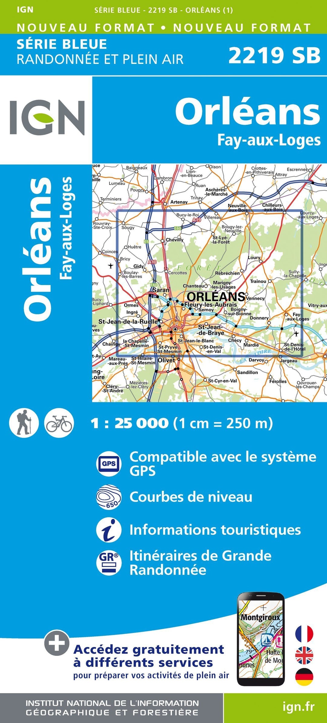 Carte de randonnée n° 2219 - Orléans, Fay-aux-Loges | IGN - Série Bleue carte pliée IGN 