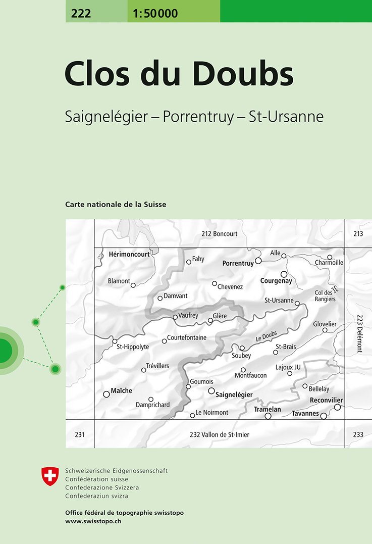 Carte de randonnée n° 222 - Clos du Doubs (Suisse) | Swisstopo - 1/50 000 carte pliée Swisstopo 