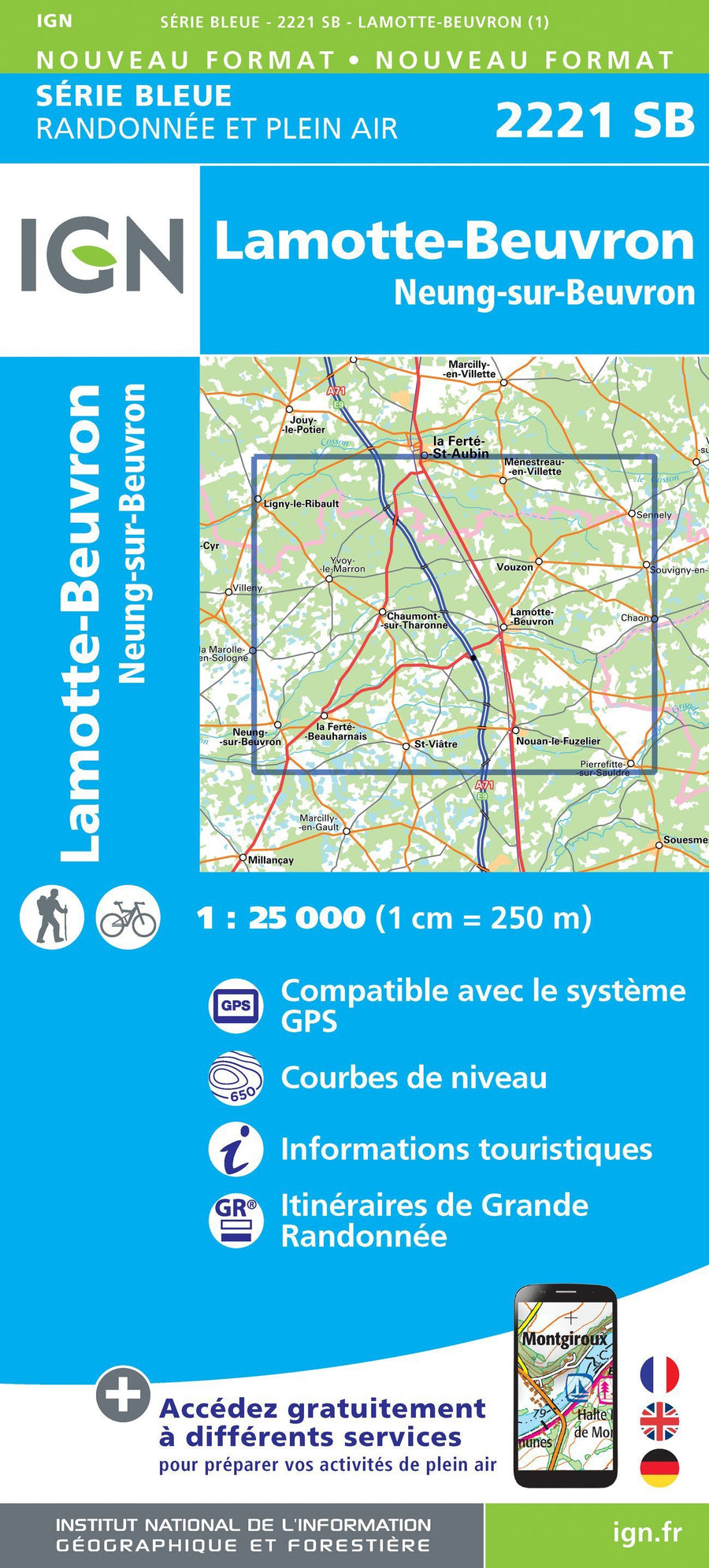 Carte de randonnée n° 2221 - Lamotte-Beuvron, Neung-sur-Beuvron | IGN - Série Bleue carte pliée IGN 