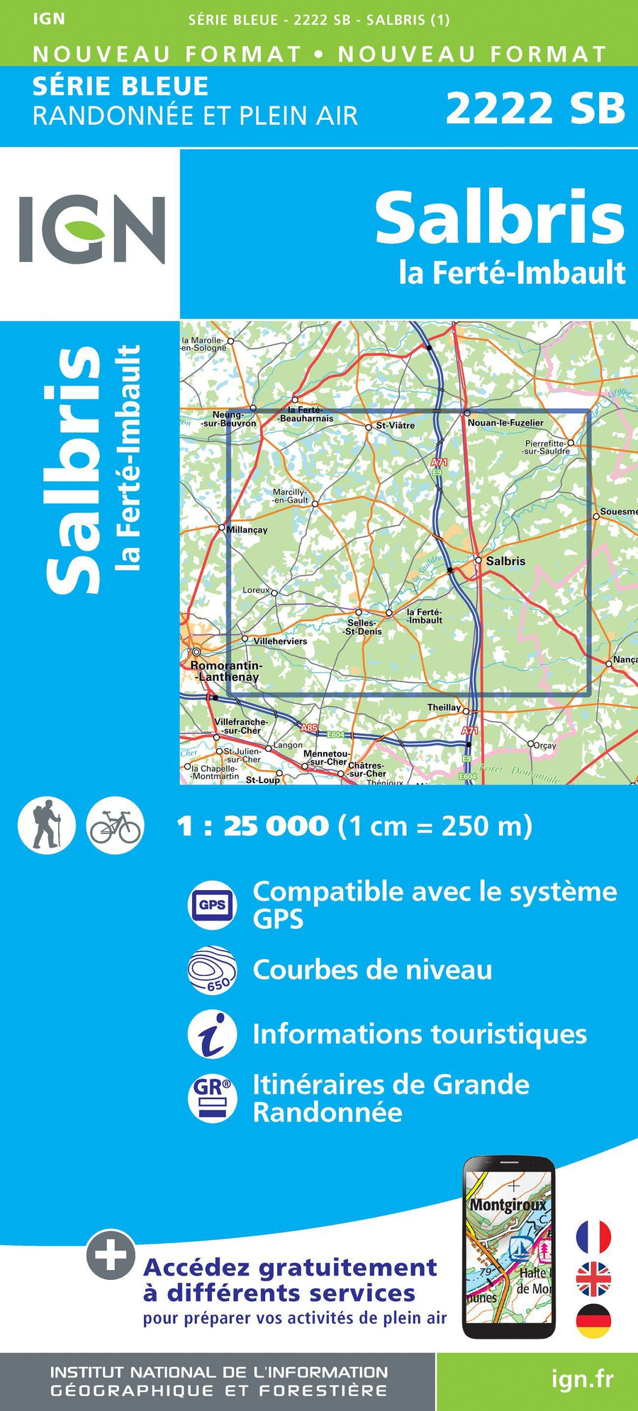 Carte de randonnée n° 2222 - Salbris, La Ferté-Imbault | IGN - Série Bleue carte pliée IGN 