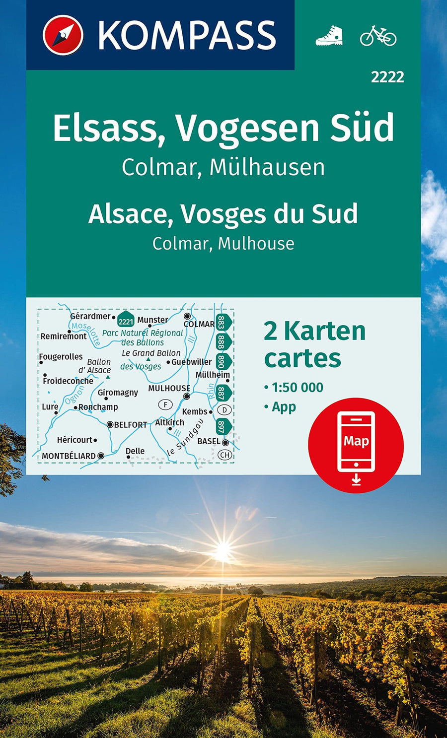 Carte de randonnée n° 2222 - Vosges du Sud (Colmar, Mulhouse) | Kompass carte pliée Kompass 